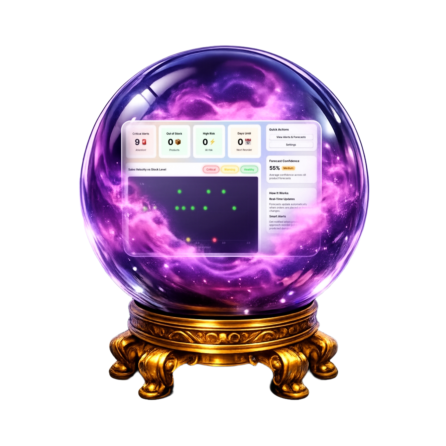 Crystal ball showing Shopify demand forecasting dashboard